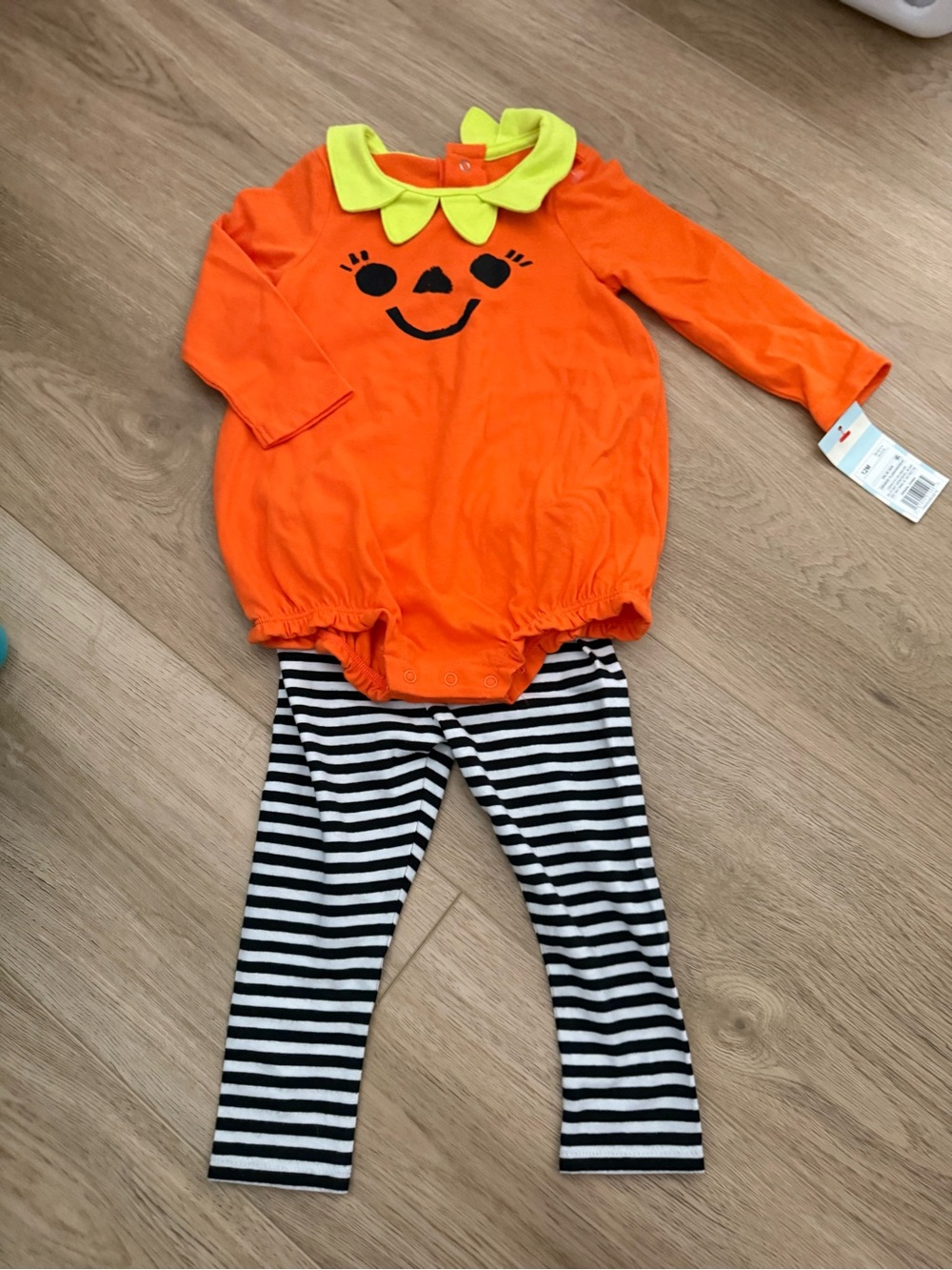 Cat & Jack Orange Pumpkin Romper with Black & White Striped Leggings size 12 Mos